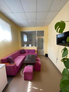 a living room with a pink couch and a table at DownTown Guest House in Vanadzor