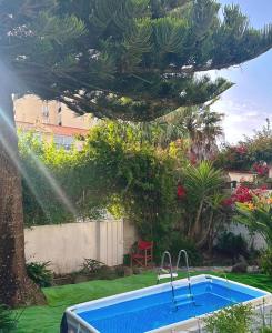 a backyard with a swimming pool and a tree at Villa do Sol Carcavelos Beach House in Carcavelos
