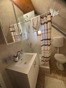 a bathroom with a sink and a toilet and a mirror at Apartman Tri srca Zlatar in Nova Varoš +17 photos