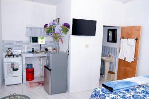 a kitchen with a refrigerator and a sink at Sharays Hideaway in Bull Bay +6 photos