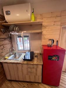 a small kitchen with a sink and a red refrigerator at El estudio de César in Conil de la Frontera