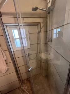 a shower with a glass door in a bathroom at El estudio de César in Conil de la Frontera