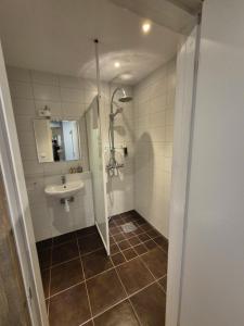 a bathroom with a shower and a sink at Charlottenlunds Gårdshotell & Restaurang in Långaryd