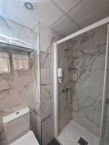 a bathroom with a shower and a white toilet at Hostal Lizana 2 in Huesca +44 photos