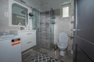 a bathroom with a toilet and a glass shower at The Nest Apartment in Sovata +12 photos
