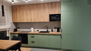 a kitchen with green cabinets and a table and a microwave at Jeziorna Premium Apartment in Siewierz