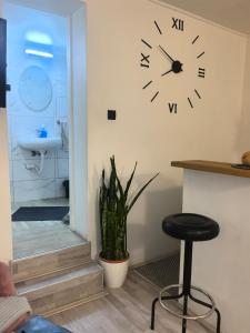 a clock on a wall with a plant and a stool at Skadarska in Pančevo