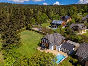 an aerial view of a house with a swimming pool at Villa Gamma - Lipno Home in Lipno nad Vltavou