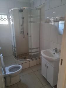 a bathroom with a shower and a toilet and a sink at Melos Cosy Retreat in Ezulwini +2 photos