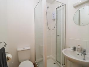 a bathroom with a shower and a toilet and a sink at Tithe Barn, Lyneham in Bruern +9 photos