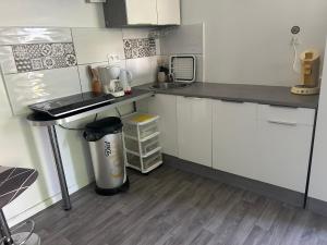 a kitchen with white cabinets and a counter with a trash can at Family House in Beauvais +22 photos