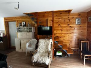 a living room with a couch and a television at Ivanovo Polje Chalet in Pljevlja