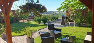 a view of a garden with chairs and trees at Alpakavendégház in Balatoncsicsó