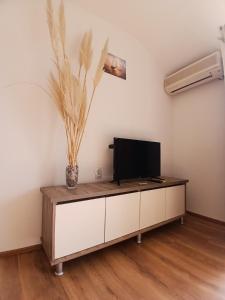 a living room with a flat screen tv on a cabinet at Lake Breeze Aparments - Trpejca in Trpejca