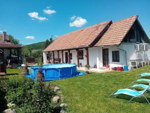 a house with a swimming pool in the yard at Vándor Kakas Vendégház dézsafürdővel in Recsk