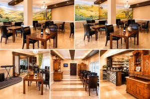 eine Fotocollage eines Restaurants mit Tischen und Stühlen in der Unterkunft Penzion RAKI in Bratislava