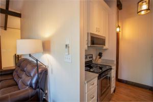 a kitchen with a couch and a stove top oven at Fern Cottage in Beech Mountain +18 photos
