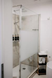 a glass shower in a bathroom with a sink at Apartment am Berg in Grünstadt +35 photos