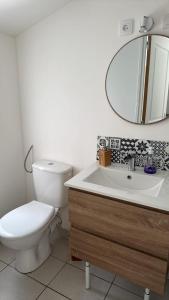 a bathroom with a toilet and a sink and a mirror at Studio nature in Saran