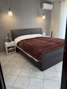 a bedroom with a bed with a brown comforter at Raphael Guesthouse in Tríkala
