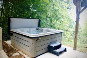 a large bath tub sitting in front of a window at Whiskey Ridge in Boone +14 photos