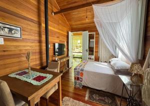 a bedroom with a bed and a desk and a television at Boutique Bangalôs De São Chico in São Francisco de Paula