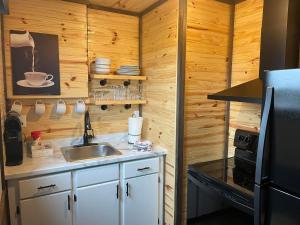 a kitchen with a sink and a stove at Lush's Cottages in Cormack +8 photos