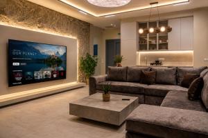 a living room with a couch and a tv at Anemolia Villas in Karpathos