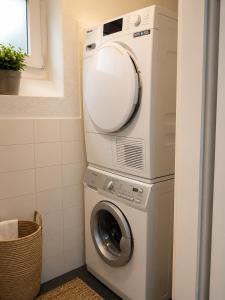 a washing machine with a mirror on top of it at Central and well connected modern studio in Zurich
