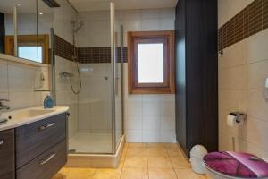a bathroom with a shower and a sink at Waldsiedlung - Haus 10 in Großkoschen