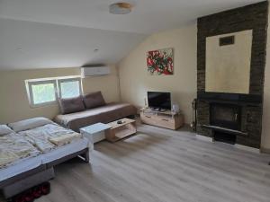 a living room with a couch and a fireplace at Villa Vesna in Veles