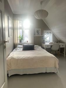 ein Schlafzimmer mit einem großen Bett und einem Schreibtisch in der Unterkunft Lenes hus in Halden