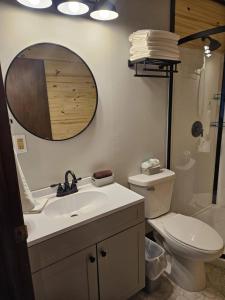 a bathroom with a sink and a toilet and a mirror at Lush's Cottages in Cormack