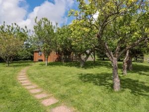 a path in a field with trees and a house at Orchard Cottage in Ledbury