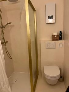 a bathroom with a white toilet and a shower at room4you Lambach Apartment, Studiozimmer & Zimmer in Lambach +25 photos