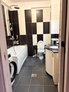 a bathroom with a tub and a toilet and a sink at Apatement de luxe in Roşu