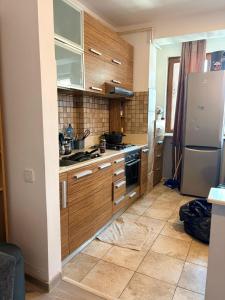 a kitchen with wooden cabinets and a refrigerator at Apatement de luxe in Roşu