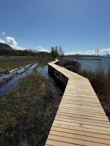 a wooden bridge over a body of water at Studio yvonand in Yvonand