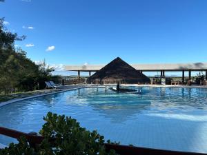 a large swimming pool with a thatch roof at Flat Monte Castelo in Sairé