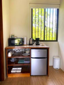 a kitchen with a counter with a stove at Buganvilia, Cabaña Privada con vista al Volcán Arenal in Palma