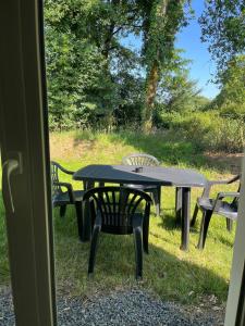 a picnic table and chairs in the grass at Cottage with garden in La Roche-sur-Yon
