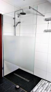 La salle de bains est pourvue d'une douche avec une porte en verre. dans l'établissement Ferienwohnung Berne, à Berne