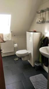 La salle de bains est pourvue de toilettes et d'un lavabo. dans l'établissement Ferienwohnung Berne, à Berne