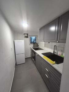 a kitchen with a sink and a white refrigerator at Nektarios Apartments in Kernen