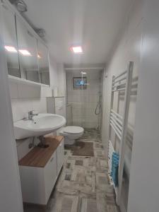 a bathroom with a sink and a toilet at Nektarios Apartments in Kernen