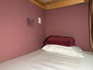 a bedroom with a bed with a red pillow at Hostal el Alebrije in Valle de Bravo