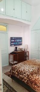 a bedroom with a leopard print bed and a flat screen tv at Dar Cherif in Kasbah