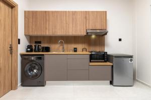 a kitchen with a sink and a washing machine at United Cretan Villas Boutique Studio in Agia Marina Nea Kydonias