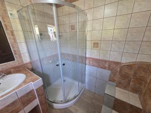 a shower stall in a bathroom with a sink at Sobe- Rooms - Apartments - Free parking! in Maribor +90 photos
