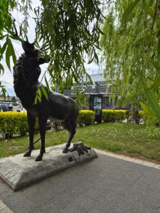 a statue of a dog standing on a sidewalk at MORSKI SEN-Przytulne studio z antresolą w centrum Mielna in Mielno